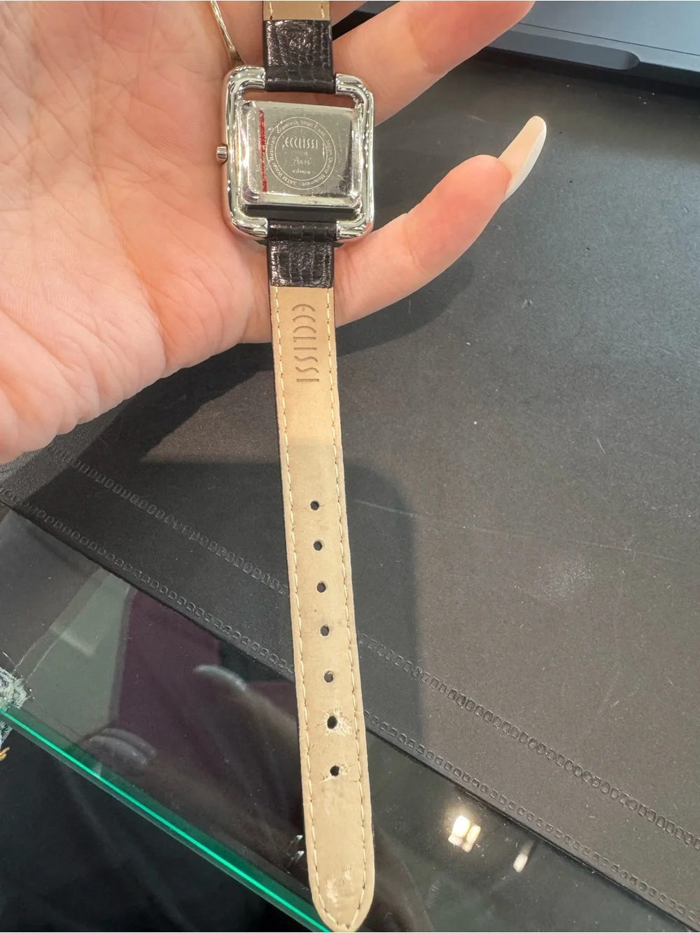 Vintage Ecclissi Silver Square Watch with Red Dial & Black Leather Band